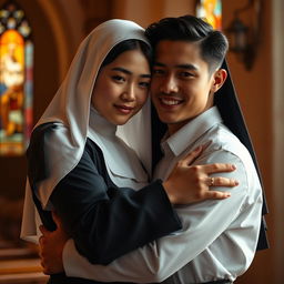 A captivating scene depicting the emotional connection and dark secrets shared between a young novice nun and a handsome 24-year-old man