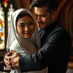 A captivating scene depicting the emotional connection and dark secrets shared between a young novice nun and a handsome 24-year-old man