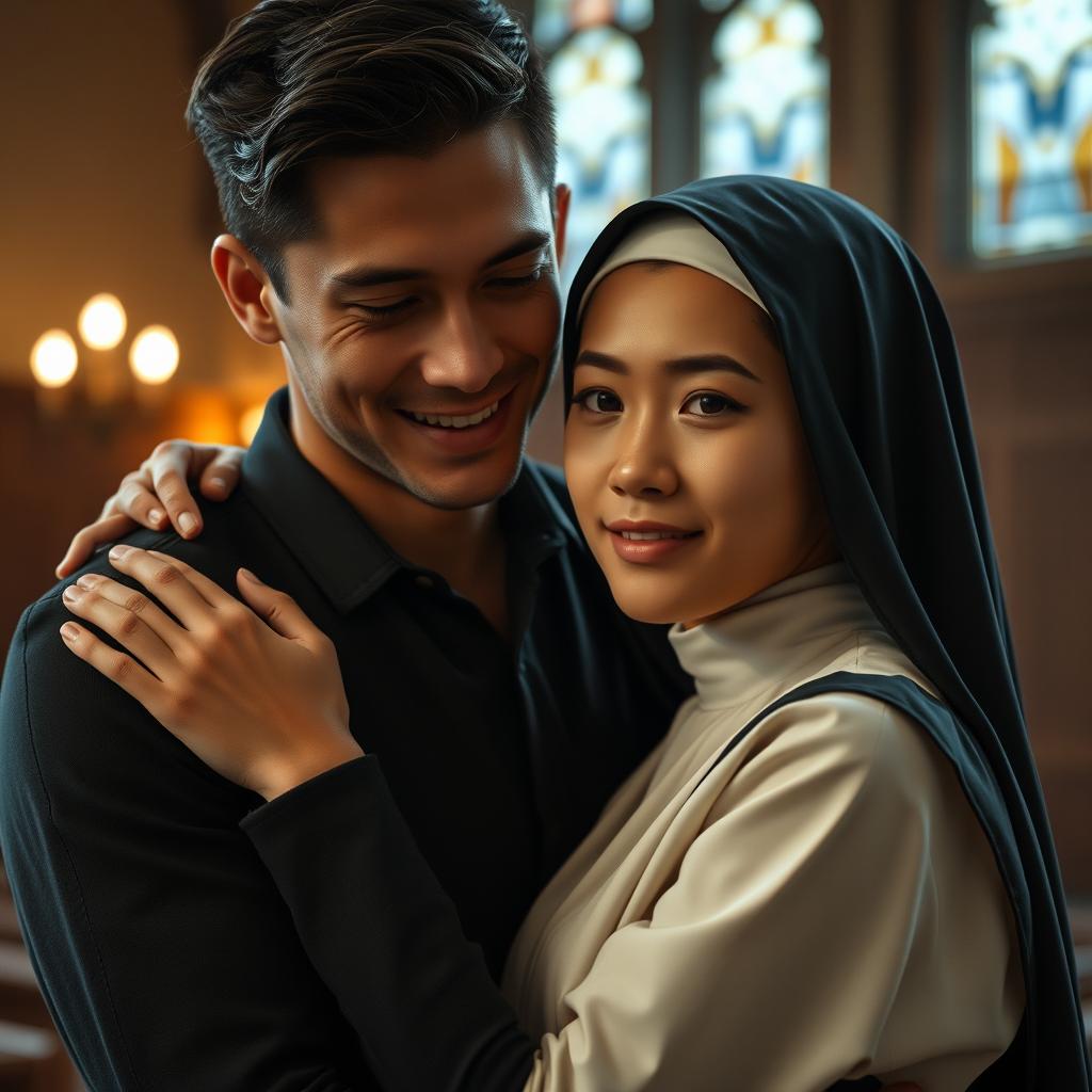 A captivating scene depicting the emotional connection and dark secrets shared between a young novice nun and a handsome 24-year-old man