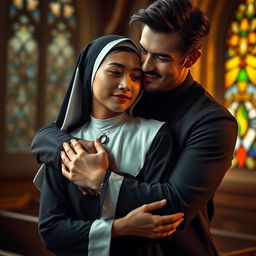 A captivating scene depicting the emotional connection and dark secrets shared between a young novice nun and a handsome 24-year-old man