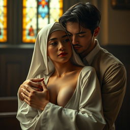 A poignant and intimate scene that explores the deep emotional connection and dark secrets between a young novice nun and a handsome 24-year-old man