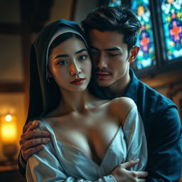 A poignant and intimate scene that explores the deep emotional connection and dark secrets between a young novice nun and a handsome 24-year-old man