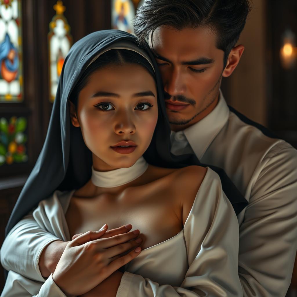 A poignant and intimate scene that explores the deep emotional connection and dark secrets between a young novice nun and a handsome 24-year-old man