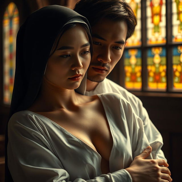 A poignant and intimate scene that explores the deep emotional connection and dark secrets between a young novice nun and a handsome 24-year-old man