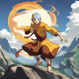 Generate an image of Aang from Avatar: The Last Airbender, skillfully bending all four elements against a scenic backdrop of the four nations