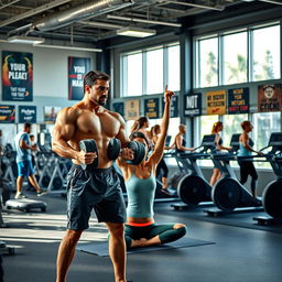 A vibrant and dynamic gym scene showcasing diverse athletes engaging in various workouts