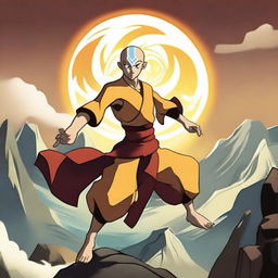 Generate an image of Aang from Avatar: The Last Airbender, skillfully bending all four elements against a scenic backdrop of the four nations