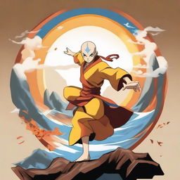 Generate an image of Aang from Avatar: The Last Airbender, skillfully bending all four elements against a scenic backdrop of the four nations