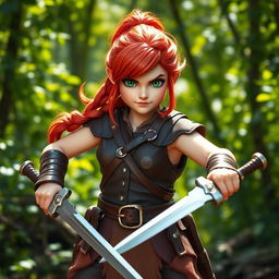 A fiercely determined redheaded gnome fighter, standing confidently in a vibrant forest clearing