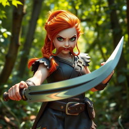 A fiercely determined redheaded gnome fighter, standing confidently in a vibrant forest clearing