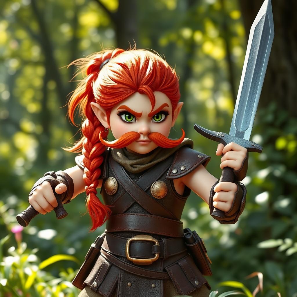 A fiercely determined redheaded gnome fighter, standing confidently in a vibrant forest clearing