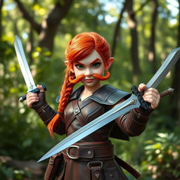 A fiercely determined redheaded gnome fighter, standing confidently in a vibrant forest clearing