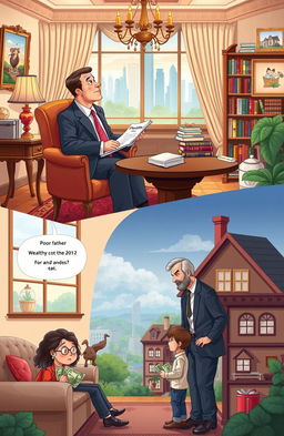 An engaging illustration depicting the contrasting lifestyles and philosophies of a wealthy father and a poor father