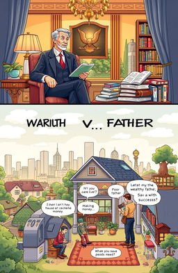 An engaging illustration depicting the contrasting lifestyles and philosophies of a wealthy father and a poor father