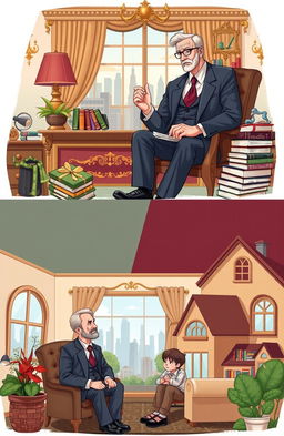 An engaging illustration depicting the contrasting lifestyles and philosophies of a wealthy father and a poor father