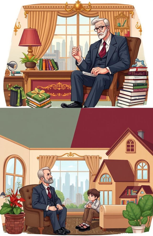 An engaging illustration depicting the contrasting lifestyles and philosophies of a wealthy father and a poor father