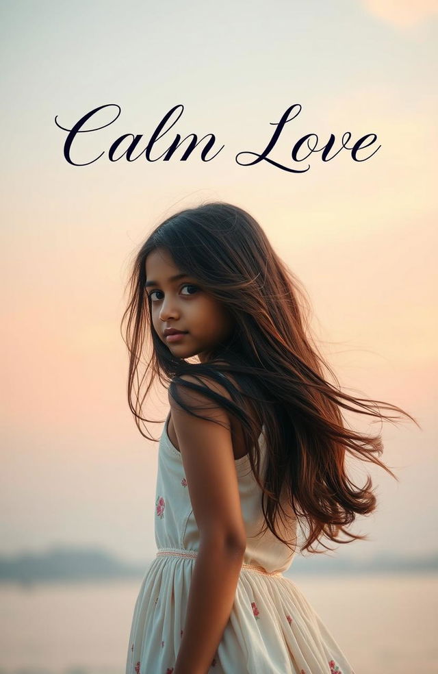 A young Indian girl with long, flowing loose hair, turning her back to the viewer, set against a serene backdrop