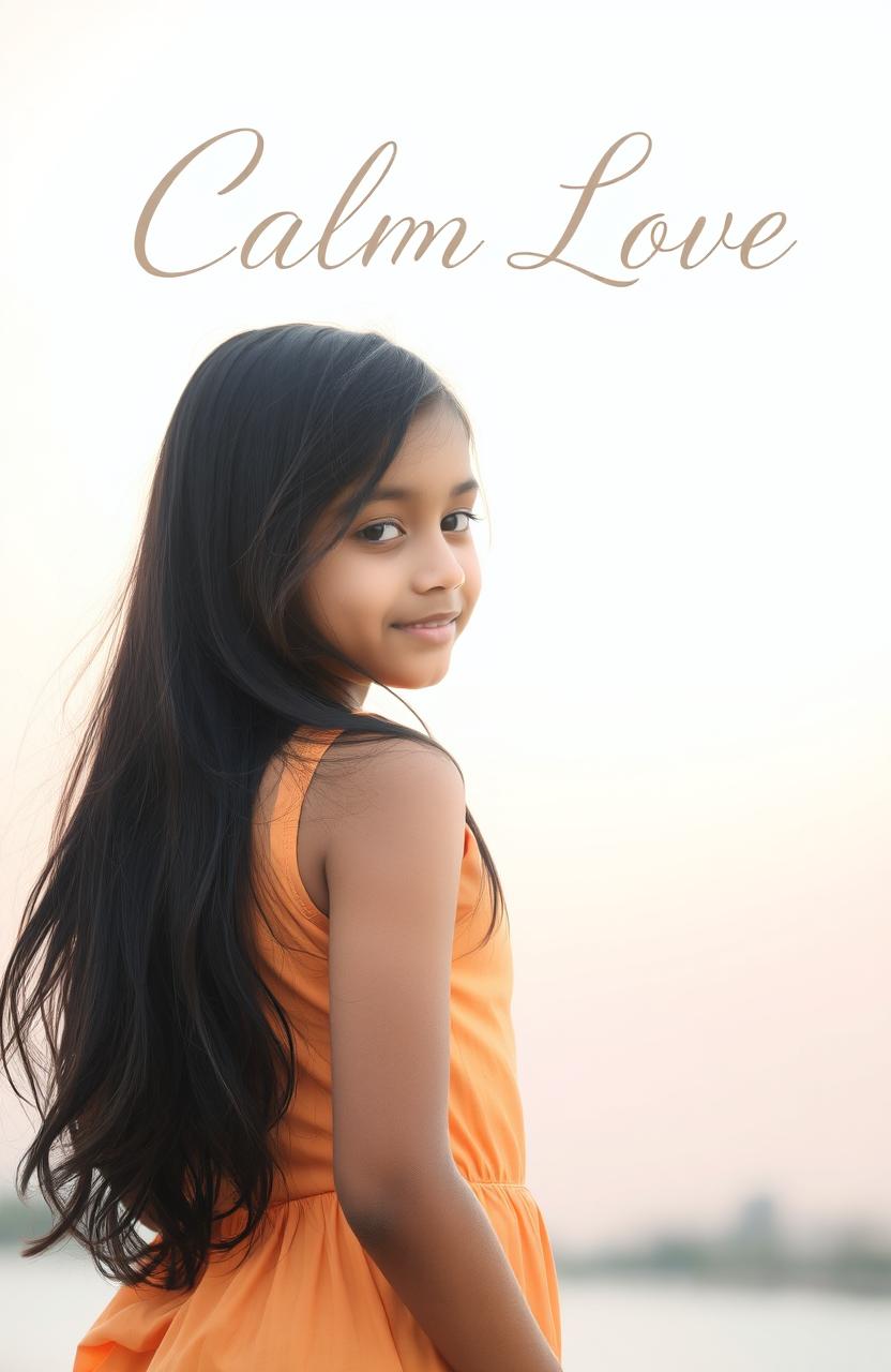 A young Indian girl with long, flowing loose hair, turning her back to the viewer, set against a serene backdrop