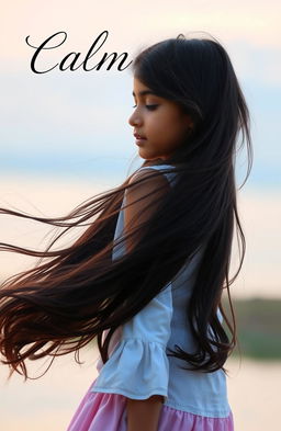 A young Indian girl with long, flowing loose hair, turning her back to the viewer, set against a serene backdrop