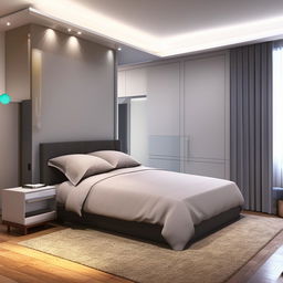 3D view of a stylish and modern bedroom interior designed for a room measuring 10ft x 10ft, incorporating comfortable furniture, intriguing color scheme and efficient use of space.