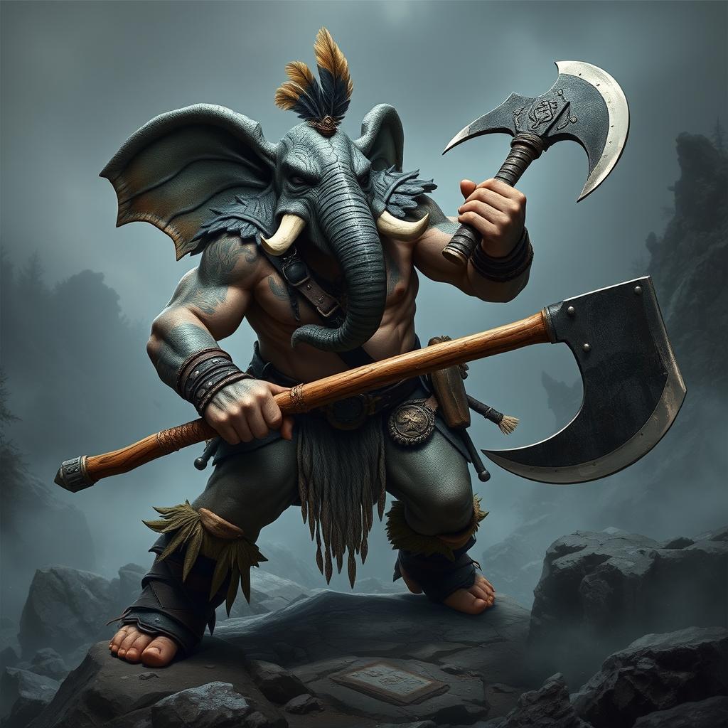 A powerful Loxodon barbarian wielding a massive two-handed axe, showcasing impressive muscular physique and intricate tribal tattoos