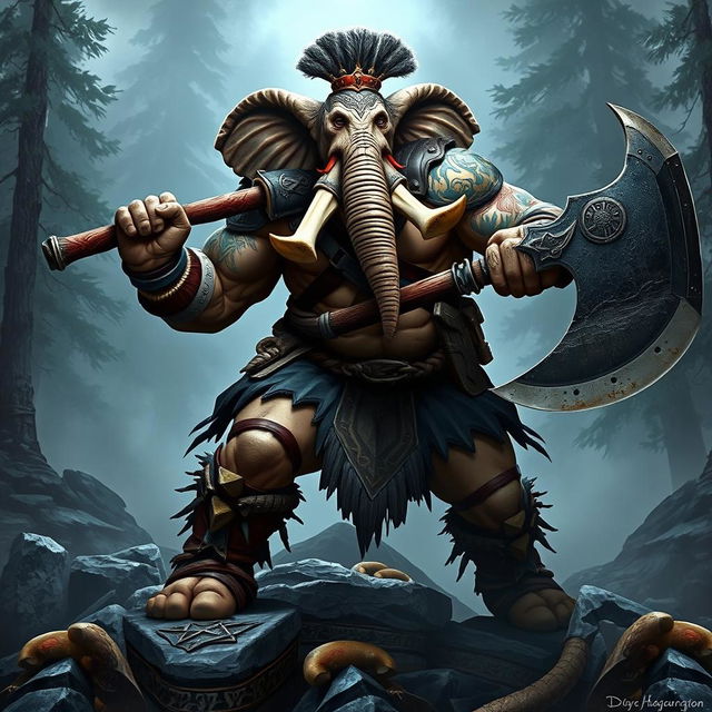 A powerful Loxodon barbarian wielding a massive two-handed axe, showcasing impressive muscular physique and intricate tribal tattoos