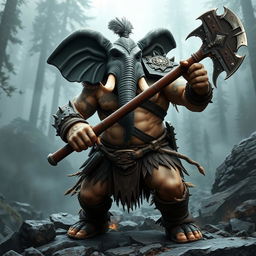 A powerful Loxodon barbarian wielding a massive two-handed axe, showcasing impressive muscular physique and intricate tribal tattoos