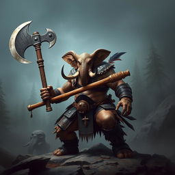 A powerful Loxodon barbarian wielding a massive two-handed axe, showcasing impressive muscular physique and intricate tribal tattoos
