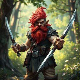 A valiant male gnome fighter with a fiery red mane and a long, curly mustache, displaying an air of confidence and readiness for adventure