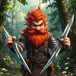 A valiant male gnome fighter with a fiery red mane and a long, curly mustache, displaying an air of confidence and readiness for adventure