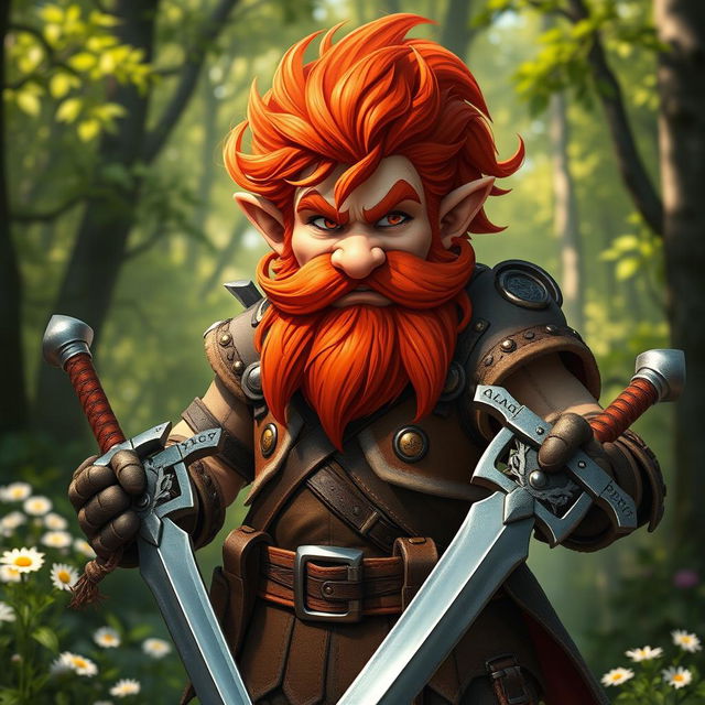 A valiant male gnome fighter with a fiery red mane and a long, curly mustache, displaying an air of confidence and readiness for adventure