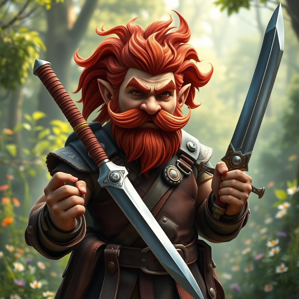 A valiant male gnome fighter with a fiery red mane and a long, curly mustache, displaying an air of confidence and readiness for adventure