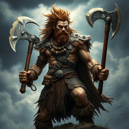 A fierce Hypotido barbarian brandishing two war axes, showcasing a fierce determination and power