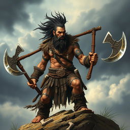 A fierce Hypotido barbarian brandishing two war axes, showcasing a fierce determination and power