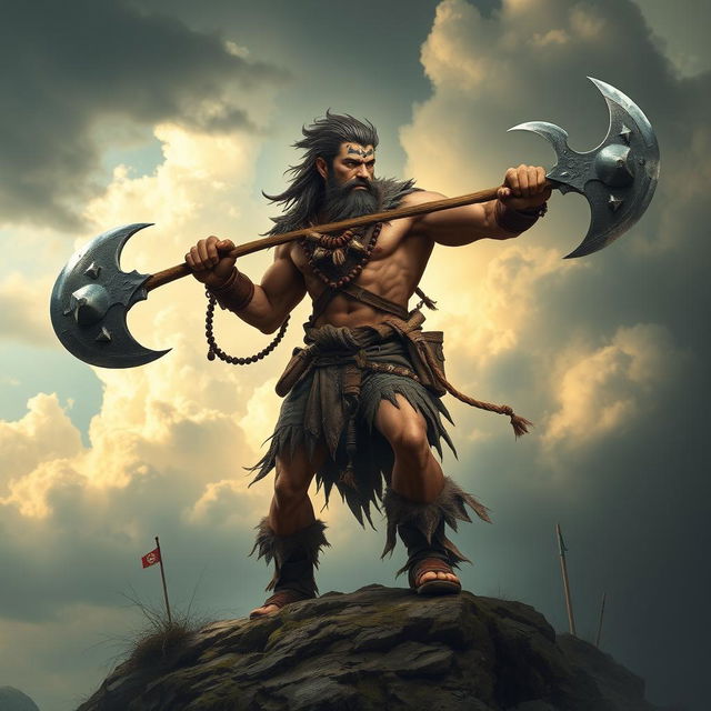 A fierce Hypotido barbarian brandishing two war axes, showcasing a fierce determination and power