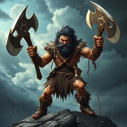 A fierce Hypotido barbarian brandishing two war axes, showcasing a fierce determination and power