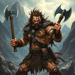 A formidable Hypotido barbarian character, depicted in an action pose, wielding two fierce war axes with great agility