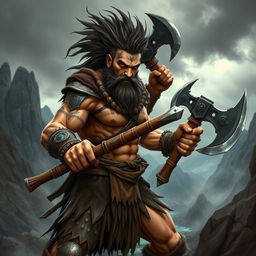 A formidable Hypotido barbarian character, depicted in an action pose, wielding two fierce war axes with great agility