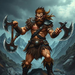 A formidable Hypotido barbarian character, depicted in an action pose, wielding two fierce war axes with great agility