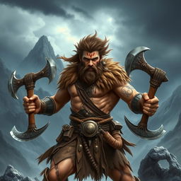 A formidable Hypotido barbarian character, depicted in an action pose, wielding two fierce war axes with great agility