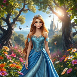A beautiful princess standing in a lush garden filled with vibrant flowers and ancient trees