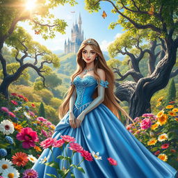 A beautiful princess standing in a lush garden filled with vibrant flowers and ancient trees
