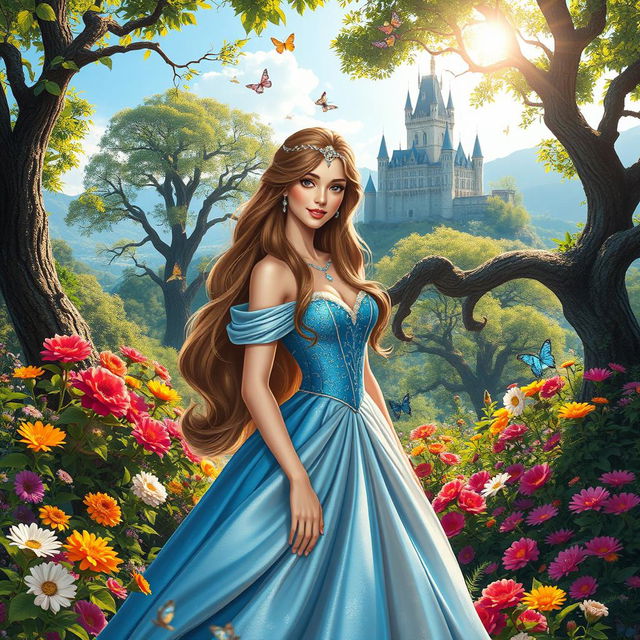 A beautiful princess standing in a lush garden filled with vibrant flowers and ancient trees