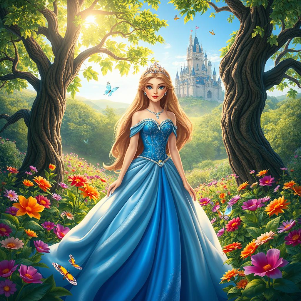 A beautiful princess standing in a lush garden filled with vibrant flowers and ancient trees