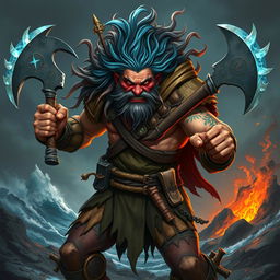 A fierce Genasi barbarian brandishing two war axes, embodying the elemental power of their heritage