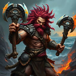A fierce Genasi barbarian brandishing two war axes, embodying the elemental power of their heritage