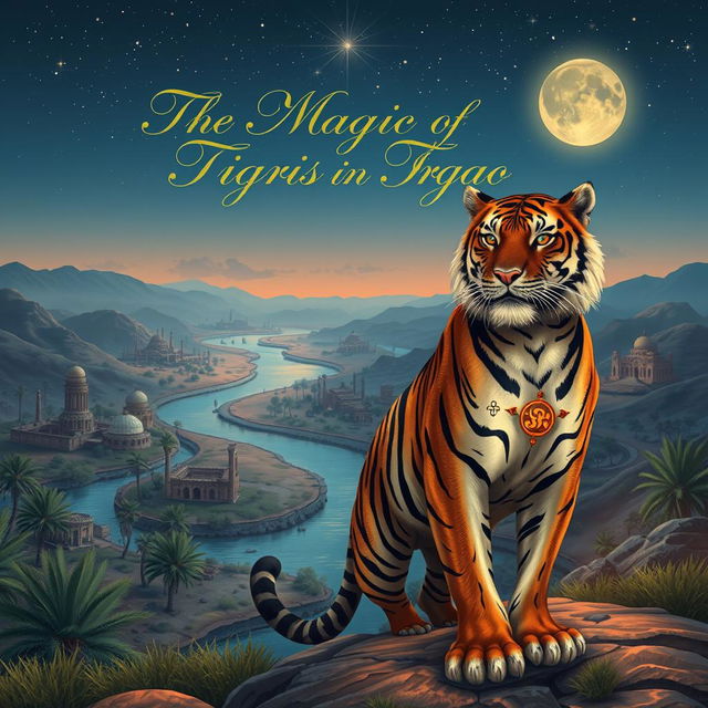 An enchanting book cover design for a fantasy novel titled 'The Magic of Tigris in Iraq'