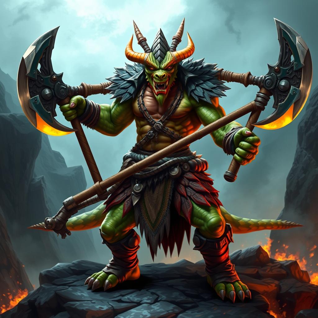 A powerful Draconido barbarian wielding two formidable war axes, embodying the strength and primal nature of his race