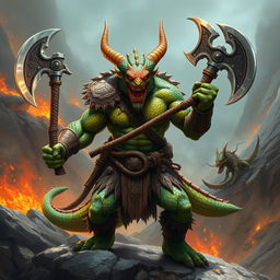 A powerful Draconido barbarian wielding two formidable war axes, embodying the strength and primal nature of his race