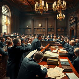 A dramatic courtroom scene showcasing a legal battle in session, with a diverse group of lawyers passionately arguing their cases, an attentive judge in a robe presiding over the proceedings, and a jury box filled with engaged jurors